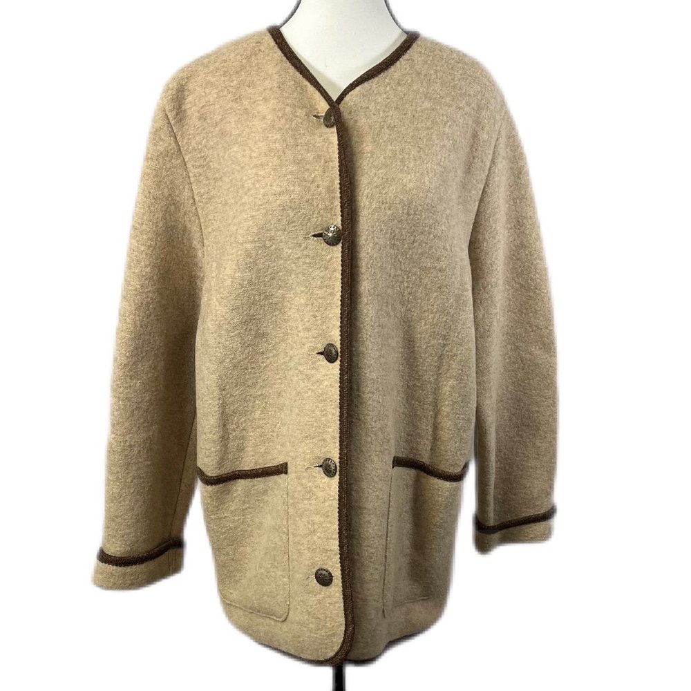 Vintage LL Bean Women’s Open Front Tan Cardigan Sweater Jacket with Buttons, Med